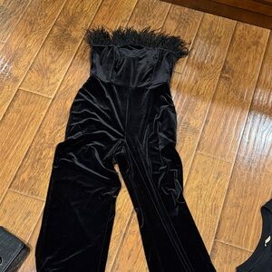 Black Velvet Jumpsuit with Feather Trim